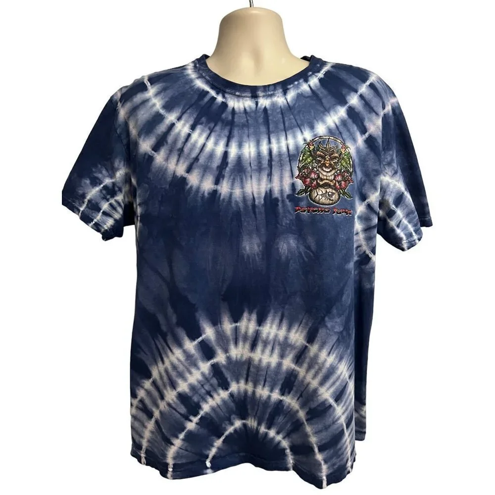 Psycho Tuna Mens Blue Floral Tie Dye Graphic Tiki T-Shirt Large All Over Print - Picture 2 of 6